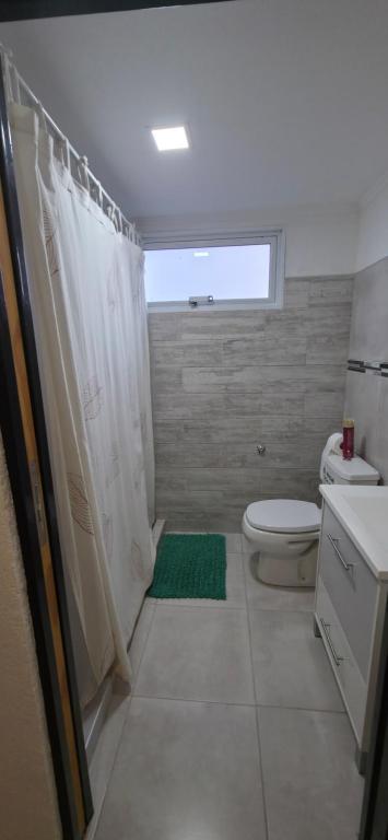 a bathroom with a shower and a toilet and a green rug at Las Blanco in Sierra Grande