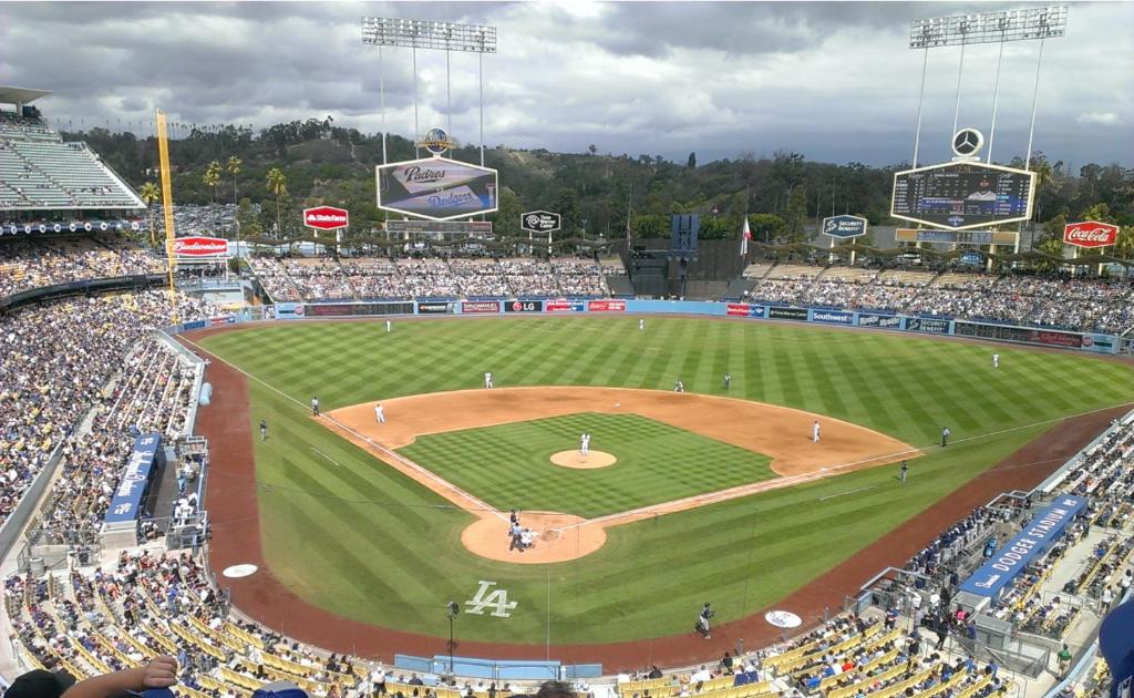 a crowd of people watching a baseball game at Mid-century Loft Echo Park at Dodger Stadium in 3B2B Downtown Los Angeles in Los Angeles
