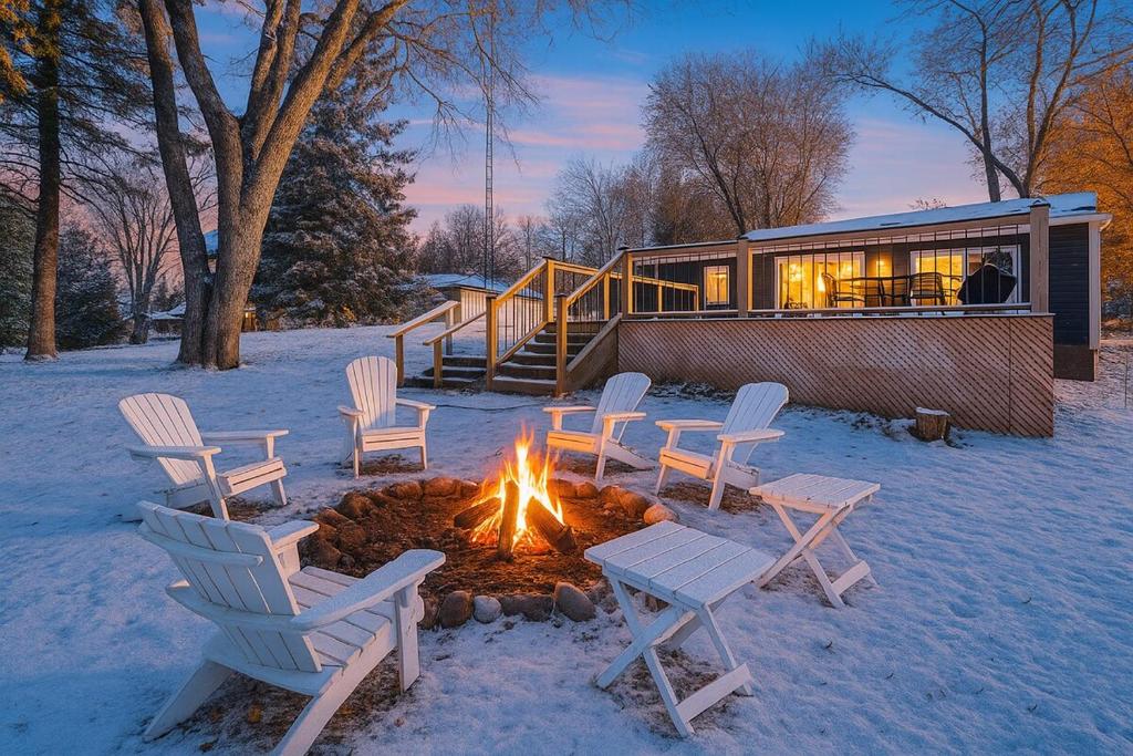 een groep stoelen rond een vuur in de sneeuw bij Rustic Lakefront Cottage with Fire Pit and Scenic Views in Brechin
