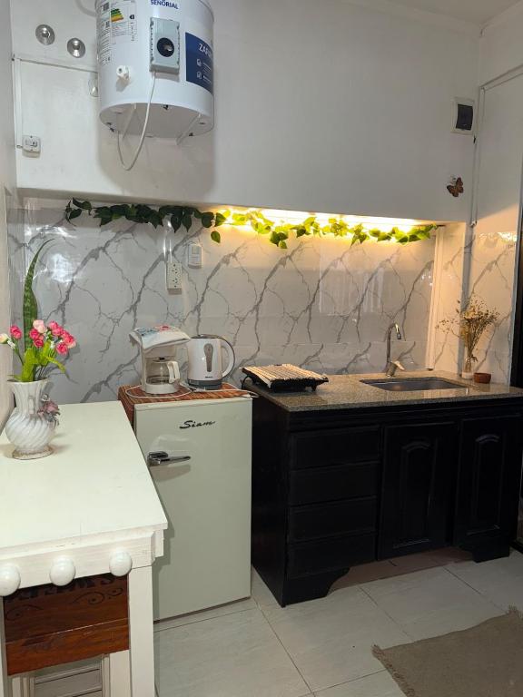 a kitchen with a sink and a white refrigerator at Garden! in Villa Ballester