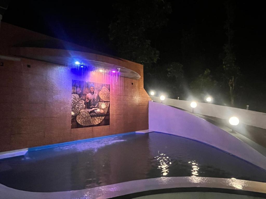 - une piscine avec des lumières sur un mur la nuit dans l'établissement greenSpun nature Stay, à Somvārpet