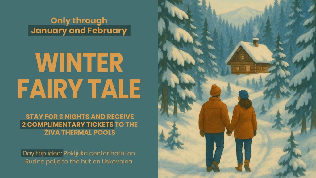 a flyer for a winter fairy tale with a couple walking towards a cabin at Deluxe apartments Bled in Bled