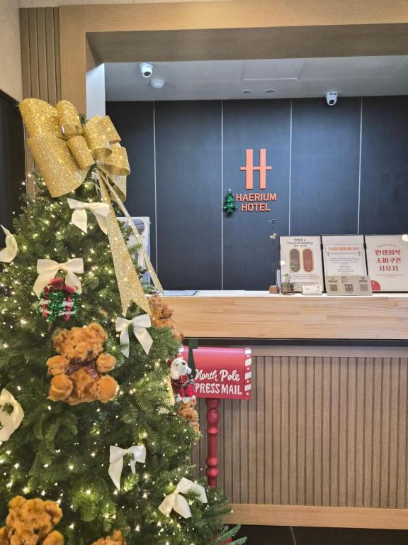 a christmas tree in front of a counter at Haeundae HaeRium Hotel in Busan