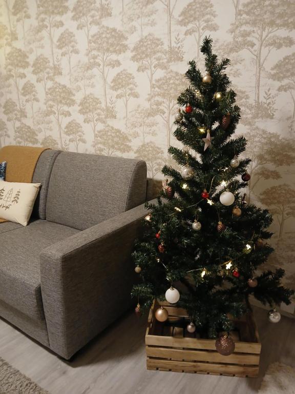 ein Weihnachtsbaum in einem Wohnzimmer neben einer Couch in der Unterkunft Lapland winter cottage in Rovaniemi
