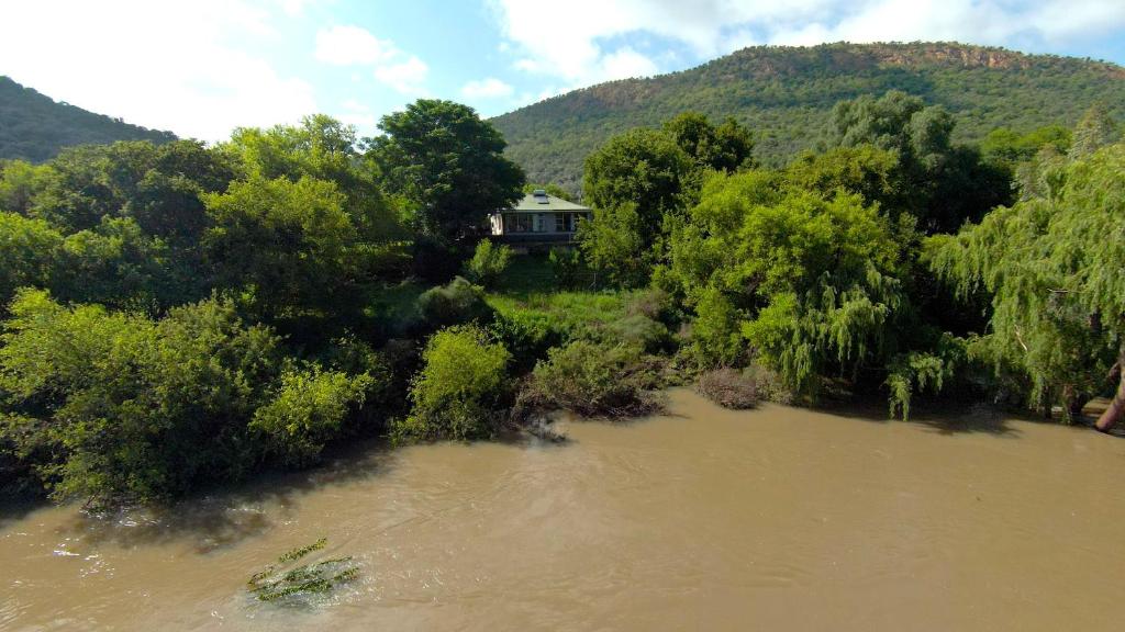 una casa in mezzo a un fiume con alberi di Oudewerf Fly Fishing on Vaal a Vredefort