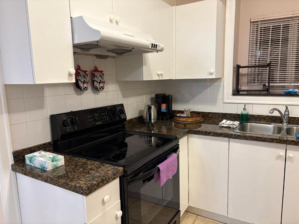 a kitchen with a black stove and a sink at Vacation Home in Vancouver