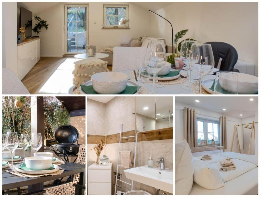 a collage of photos of a kitchen and a living room at Alpenloft mit Garten & BBQ am Chiemsee by Dollop Living in Bernau am Chiemsee
