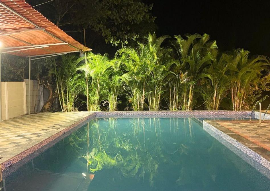a swimming pool in front of a house with palm trees at Evergreen bliss farm in Karjat