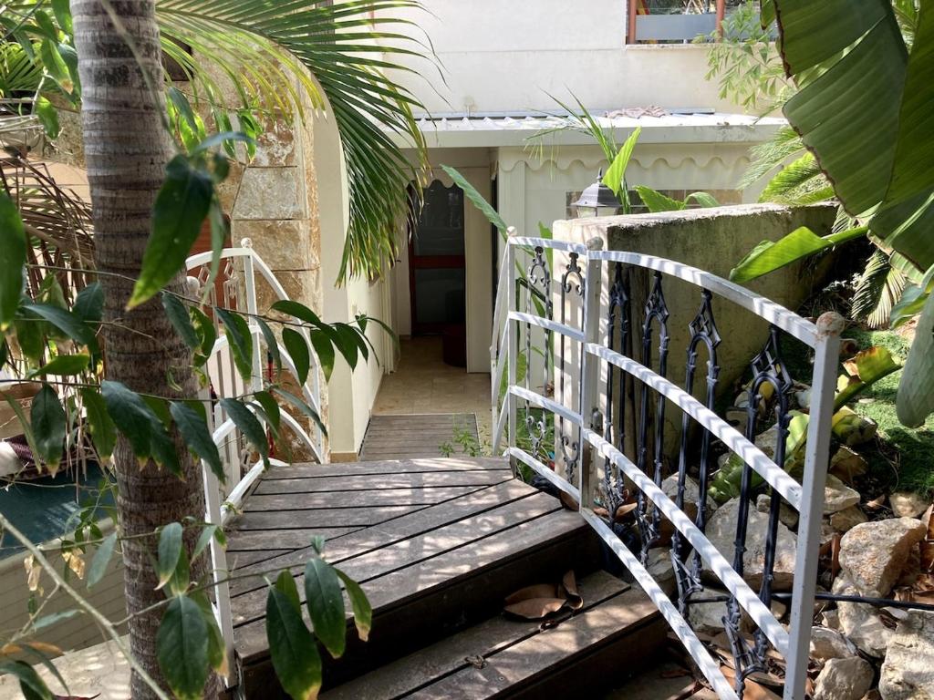 a wooden bridge leading to a house with a palm tree at Elinor's Secret Suite in Sulam Tsor