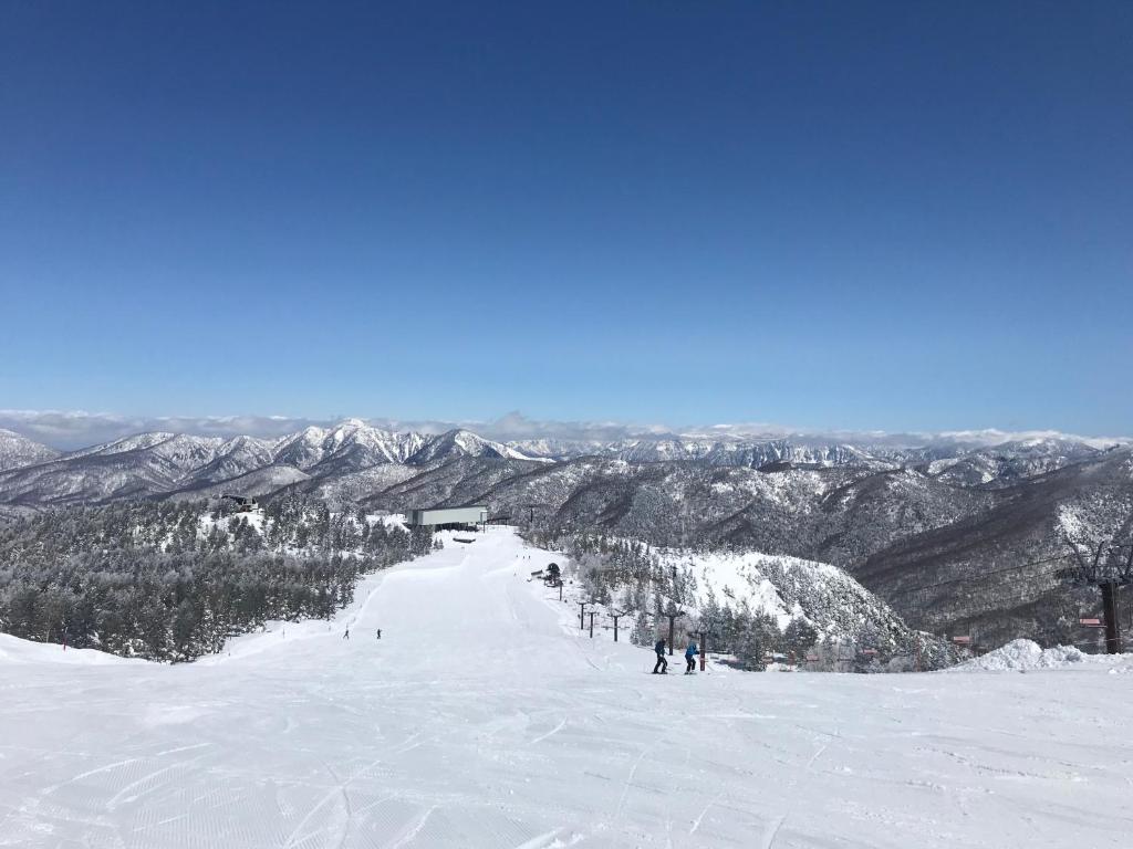 a group of people skiing down a snow covered slope at Lodge Yama No Manimani - Nature Stay in Okushiga Kogen in Yamanouchi
