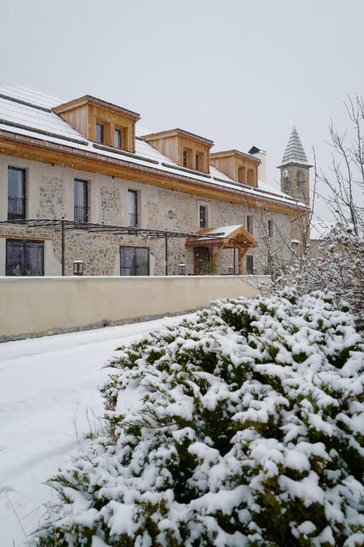 ein schneebedeckter Busch vor einem Gebäude in der Unterkunft Hôtel Le Prieuré - Pra Loup 1500 in Pra-Loup