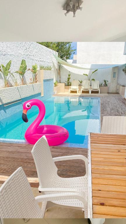 a swimming pool with a pink swan in the middle at Le Paradisblanc in Kelibia