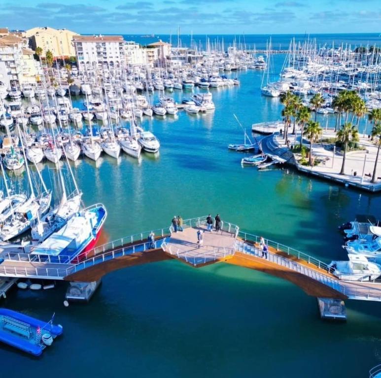 a dock with boats in a marina at Magnifique appartement à 300m des plages à Port Frejus in Fréjus