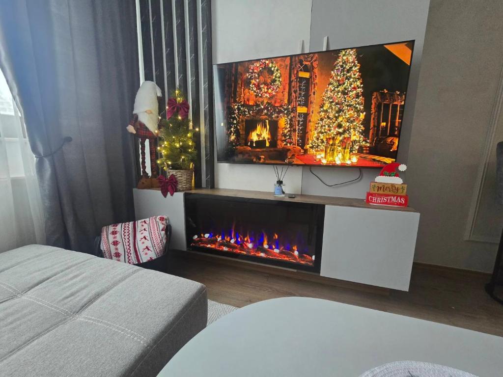 a living room with a fireplace and a tv at Lu and Ma in Jahorina