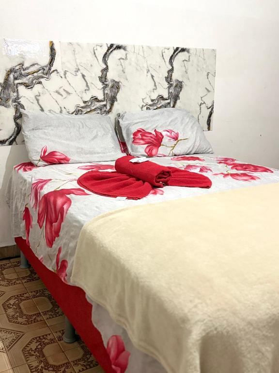 马瑙斯Quarto privado no centro 103的一张带红色毯子和枕头的床