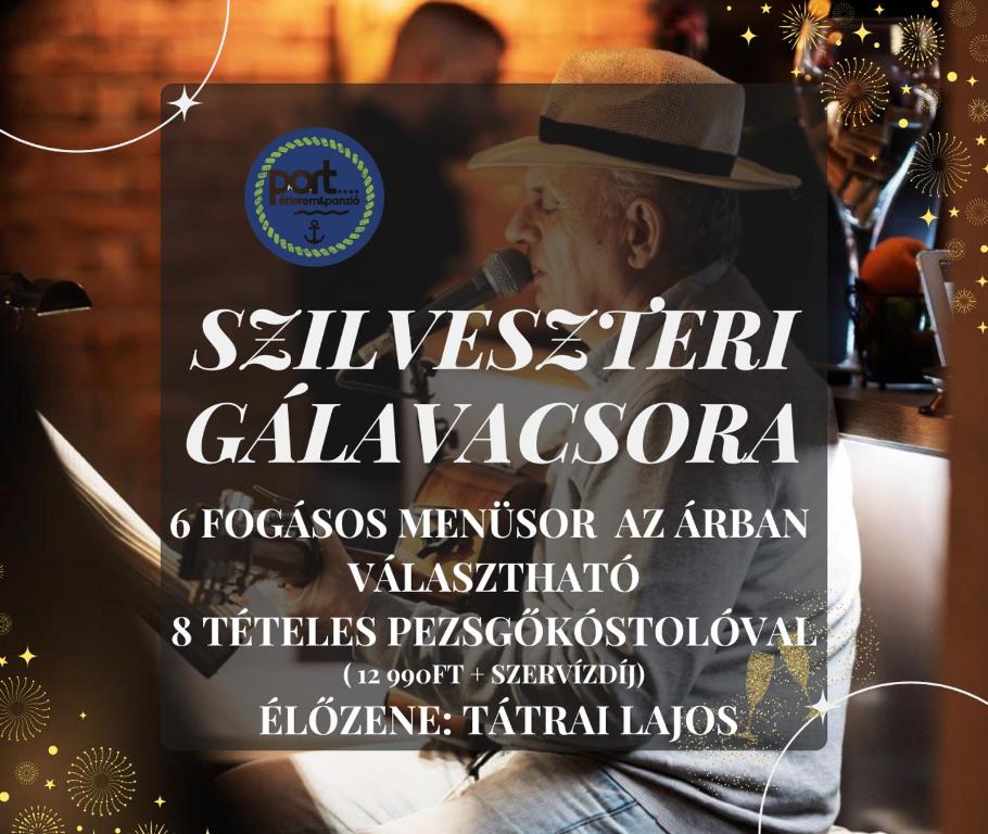 Un cartel de un concierto con un hombre con sombrero. en Port étterem&panzió, en Balatonmáriafürdő