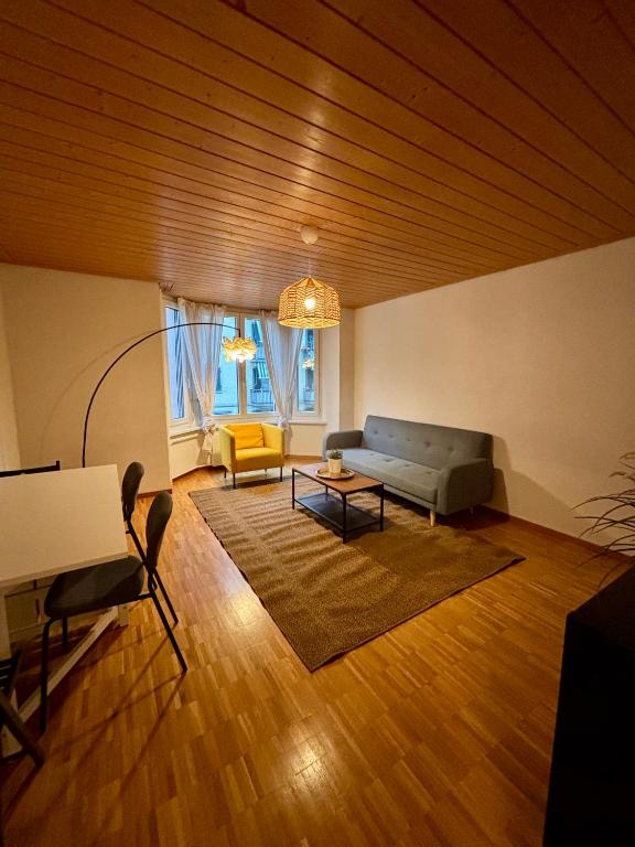 a living room with a couch and a table at Zurich Essentials Simple Apartment in Zurich