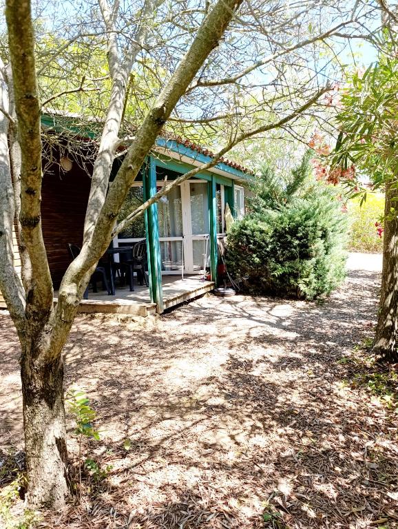 a house with a porch with a picnic table in front of it at Chalet 1 in Cazilhac