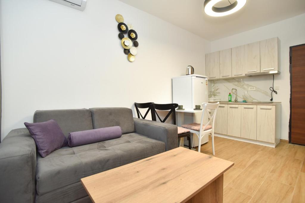 uma sala de estar com um sofá e uma mesa e uma cozinha em Apartmani Resna Budva em Budva