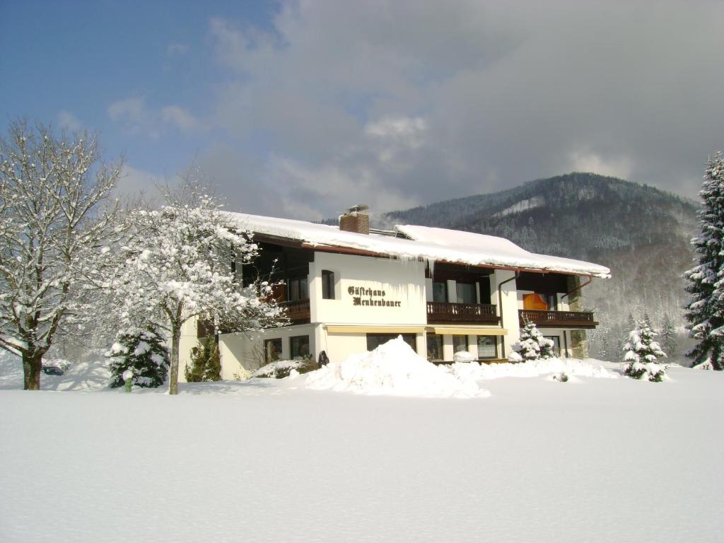 ein schneebedecktes Haus mit Bäumen und Bergen in der Unterkunft Gästehaus Menkenbauer inkl. Chiemgaukarte in Ruhpolding