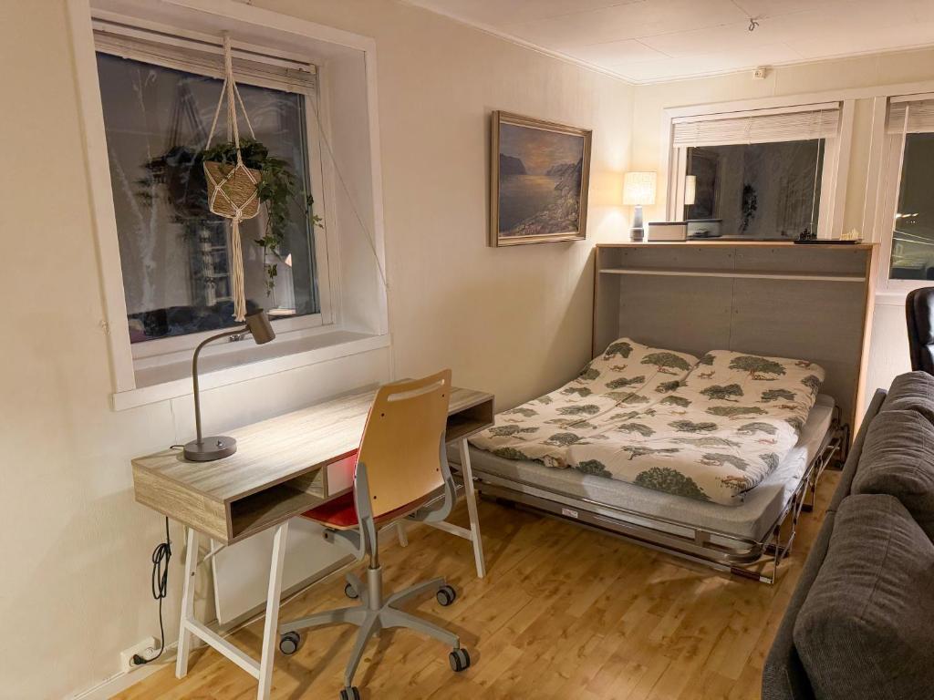 una camera da letto con un letto, una scrivania e una scrivania di Fredelig leilighet med utsiktsplass til nordlys a Tromsø