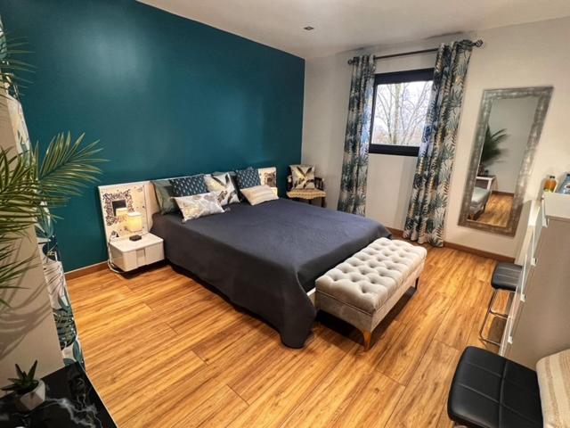 ein Schlafzimmer mit einem Bett, einem Stuhl und einem Spiegel in der Unterkunft Chambre CLAIRIERE in Maizières-lès-Metz