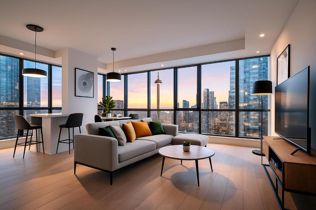 un soggiorno con un divano e una grande finestra di Monville Suites - Downtown Toronto - CN Tower & Rogers Centre a Toronto