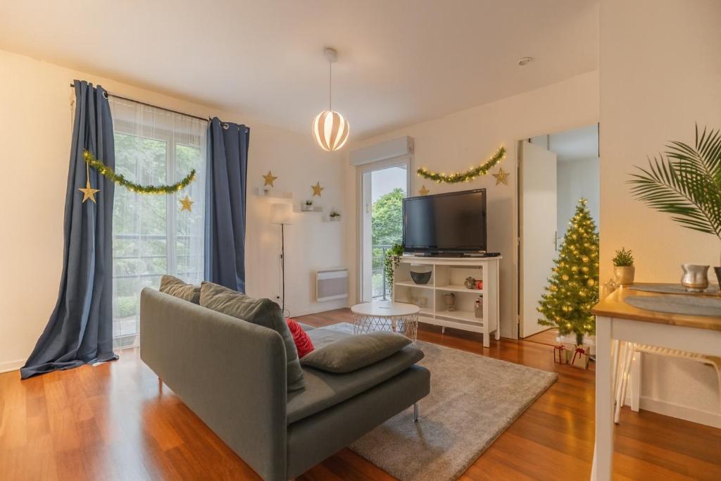 ein Wohnzimmer mit Sofa und Fernseher in der Unterkunft Le Rev'touch-Airbus - Apt 1 chambre avec balcon et parking gratuit in Toulouse