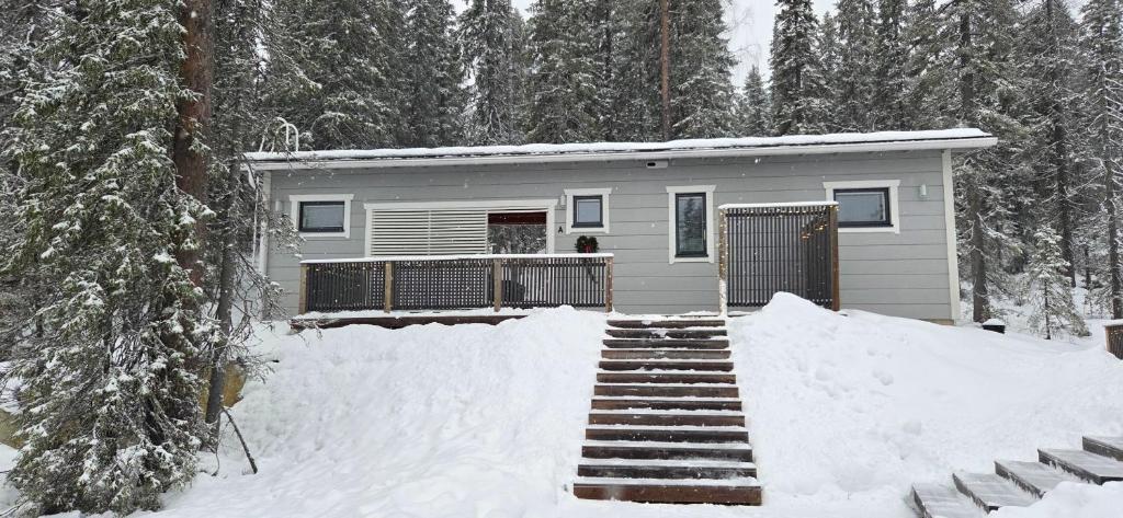 ein kleines Haus im Schnee im Wald in der Unterkunft Tapio in Syöte
