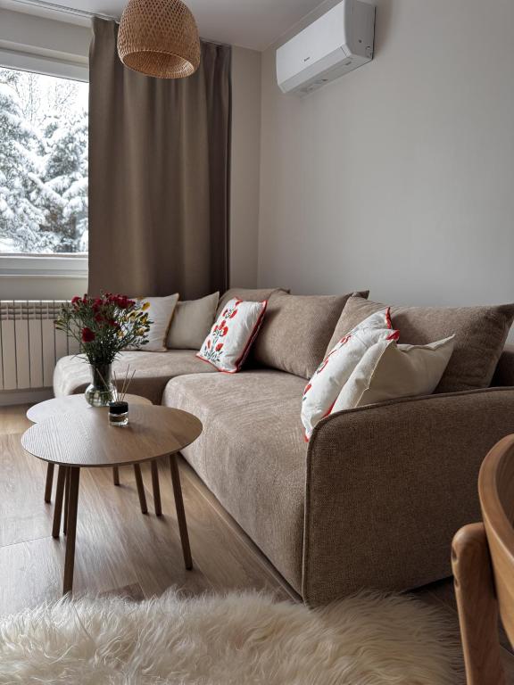 a living room with a couch and a table at Apartament Cicha Przystań w centrum Zakopanego APARTZAKOP in Zakopane