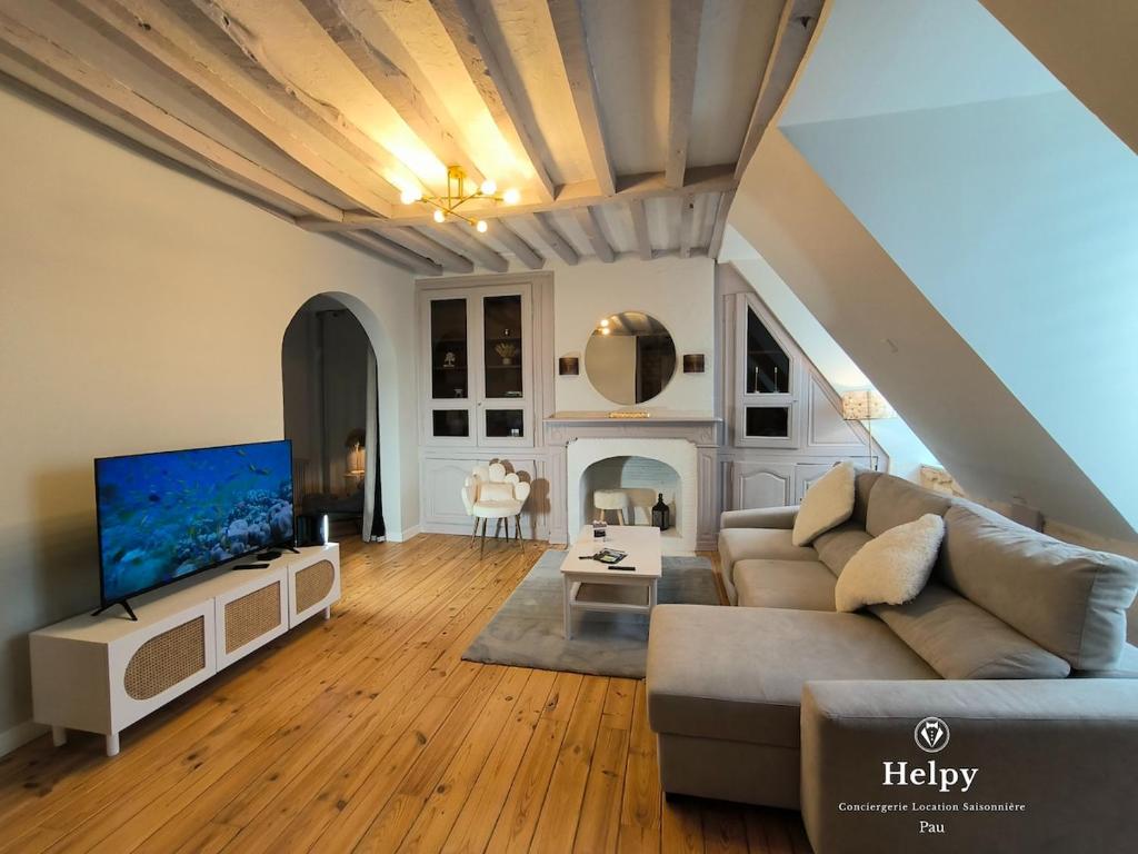 a living room with a couch and a tv at Splendid T4 - Spacious - Air conditioning - 6 People in Pau