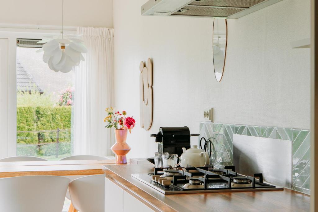 a kitchen with a stove and a counter top at Buitenlede 7 - Suite M in Dwingeloo