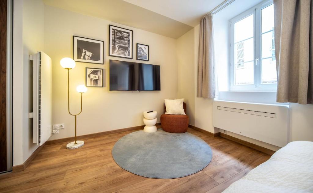 Una sala de estar con un televisor de pantalla plana y una ventana. en Le raffiné, en Mâcon