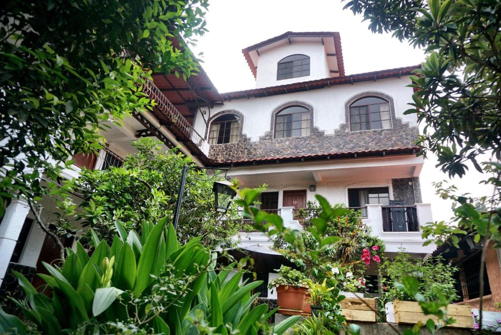 une vieille maison avec des plantes devant elle dans l'établissement Hotel & Restaurant Fleur de Lis, à Concepción de Ataco