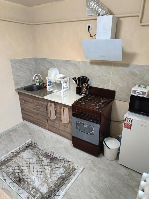 1 кімнатні апартаменти في Pavlohrad: مطبخ صغير مع موقد وثلاجة