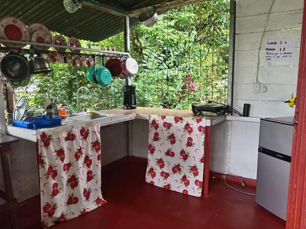 a kitchen with red and white curtains and a sink at Ríos de agua Viva in Puerto Jiménez