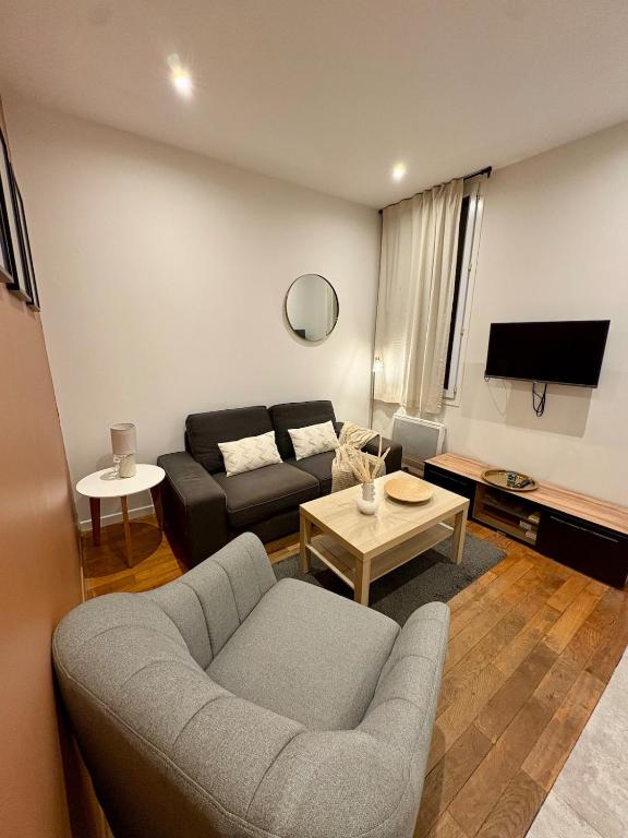 Una sala de estar con un sofá y un televisor. en Le Cosy Grange Blanche - 2 chambres, en Lyon