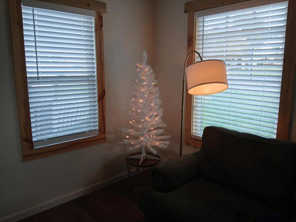 ein Wohnzimmer mit einem Weihnachtsbaum und einer Lampe in der Unterkunft #StayinMyDistrict Brussels Bungalow in North Bend