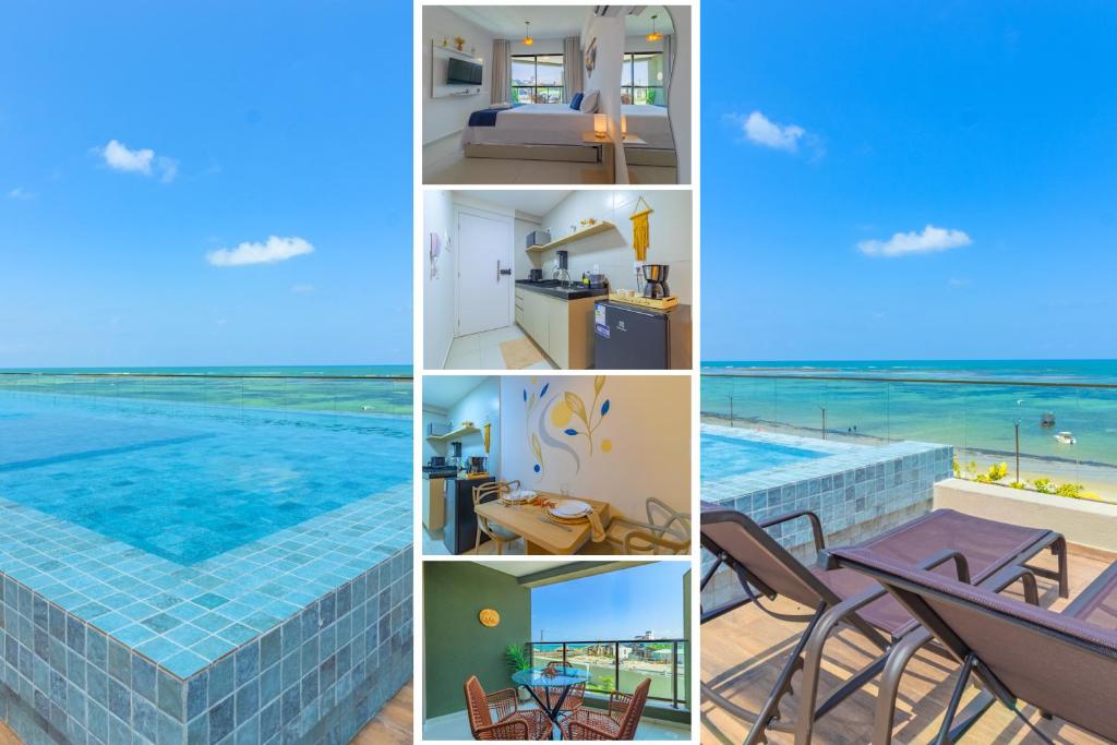 uma colagem de fotos com uma piscina em Nossa Praia Flats - Açores 109 Piscina Vista Panorâmica em Tamandaré