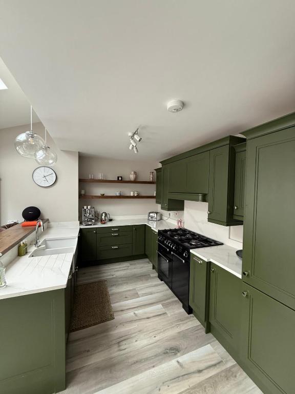 a kitchen with green cabinets and wooden floors at 4 bedroom house sleeps 8 next to Aviva Stadium and Landsdown Stadium in Dublin
