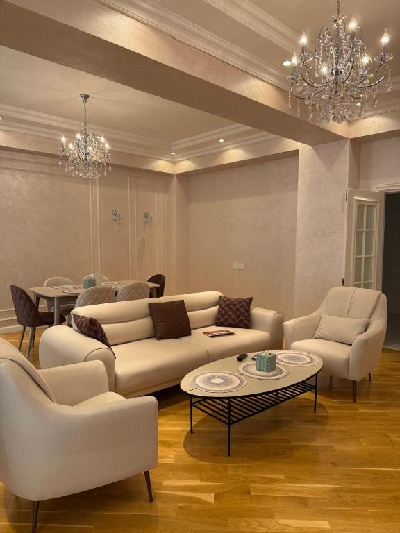salon z dwiema kanapami i stołem w obiekcie White City Apartment w mieście Baku