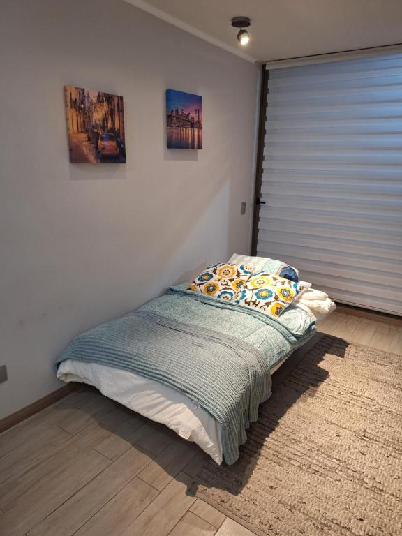 伊基克Rinconcito Costero - Parking y Piscina Gratis的卧室里的一张床，墙上挂着两幅画