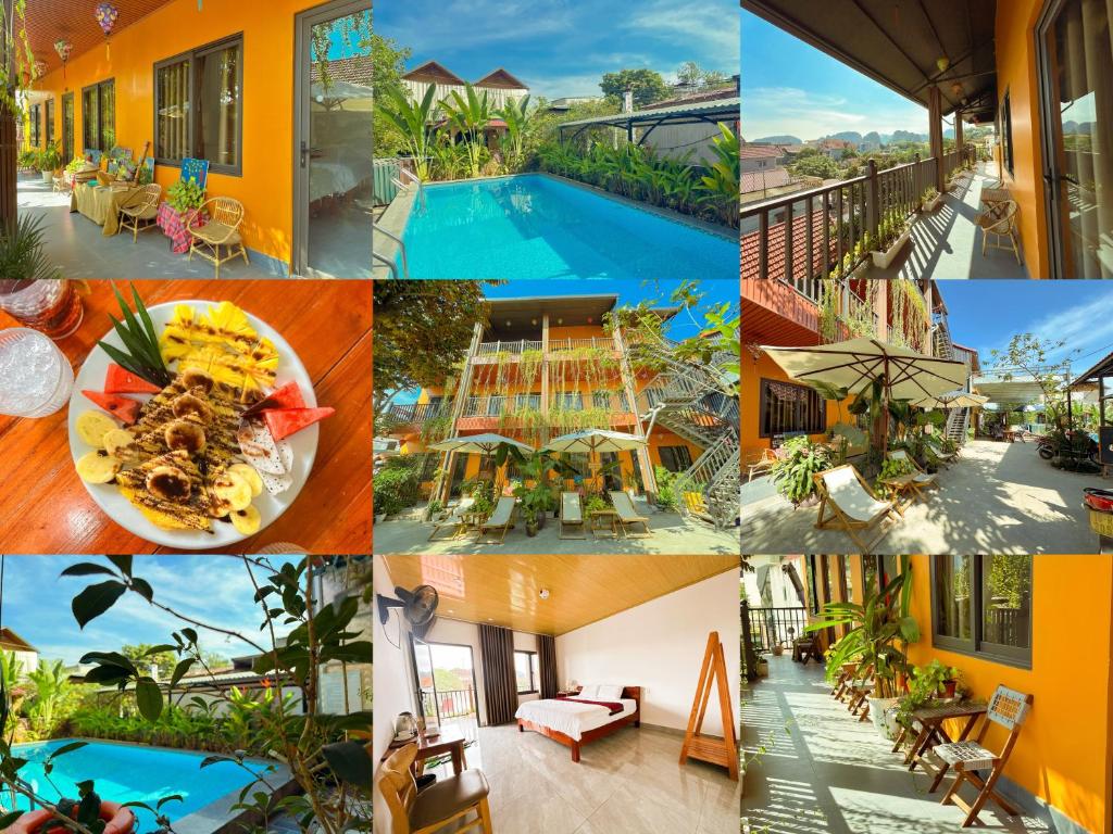 a collage of photos of a resort with a pool at Annamoi Homestay Tam Coc in Ninh Binh