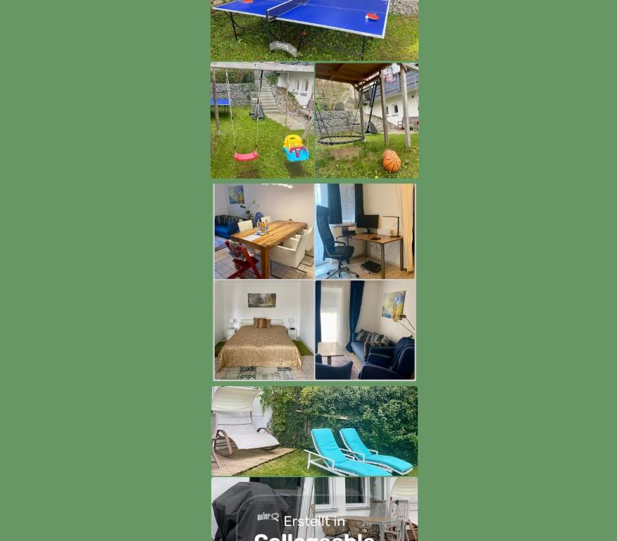 a collage of photos of a house at Gemütliche 2 Zimmer Ferienwohnung mit Terrasse Fernsehsessel Spülmaschine Grill Schaukel, fußläufig zu S-Bahn nach München und See, ideal zum Entspannen aber auch zum Arbeiten in Wörthsee