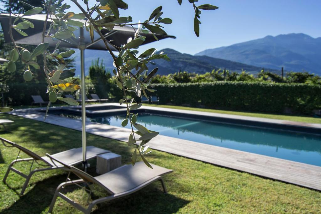 a pool with two chairs and a tree next to it at Verdepiano Bed & Camping in Riva del Garda