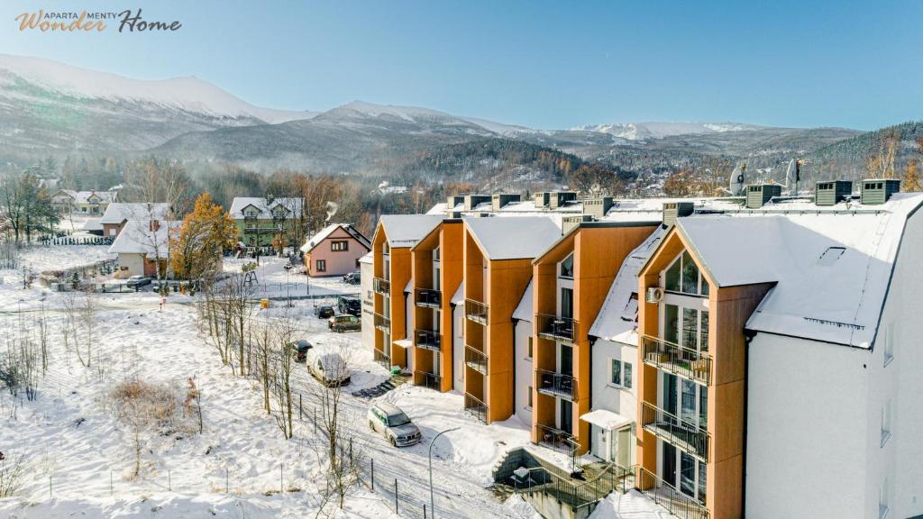 an aerial view of a town in the snow at Apartamenty Wonder Home z pięknymi widokami na góry, blisko terenów spacerowych i szlaków in Karpacz