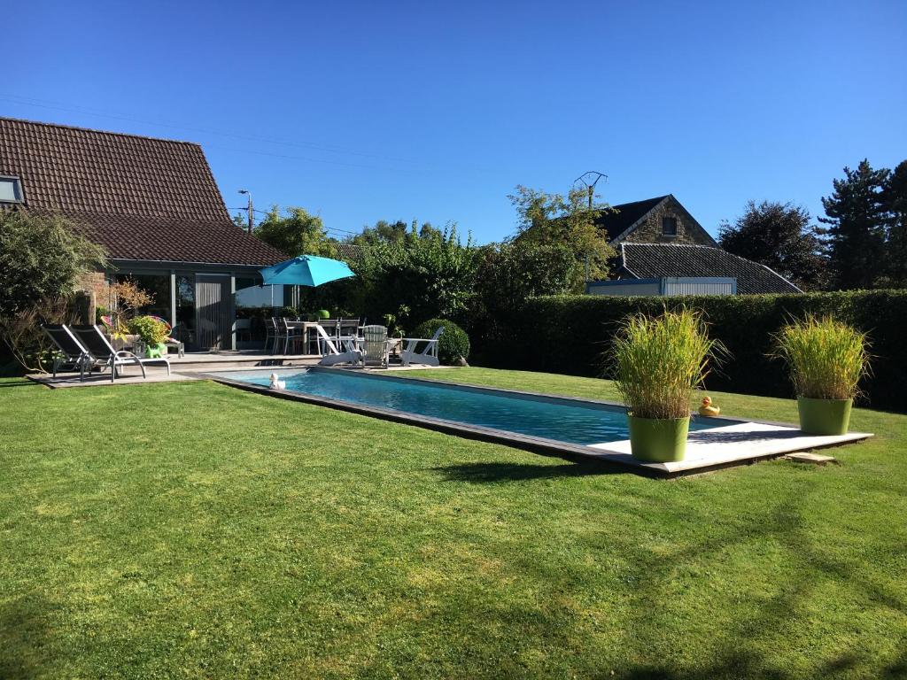 una piscina in un giardino con due piante in vaso di B&B Le calme sur les hauteurs de Spa a Tiège