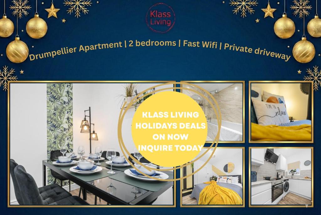 科特布里奇Drumpellier Apartment by Klass Living Coatbridge的一组客厅照片拼贴，客厅里有一张餐桌。