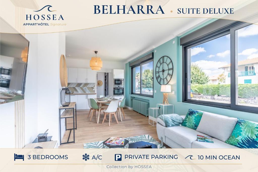 Una representación de una sala de estar y una cocina en una casa. en HOSSEA Appart Hôtel Signature 10 min Océan, en Saint-Vincent-de-Tyrosse