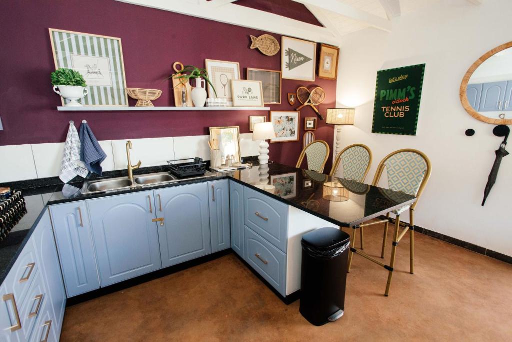 a kitchen with blue cabinets and a sink and a counter at Park Road Apartments in Howick